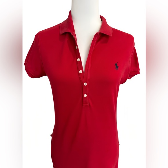 Polo Ralph Lauren Red Maxi Dress Women’s M Cotton Mesh Stretch Logo Shirt Dress - Picture 2 of 10